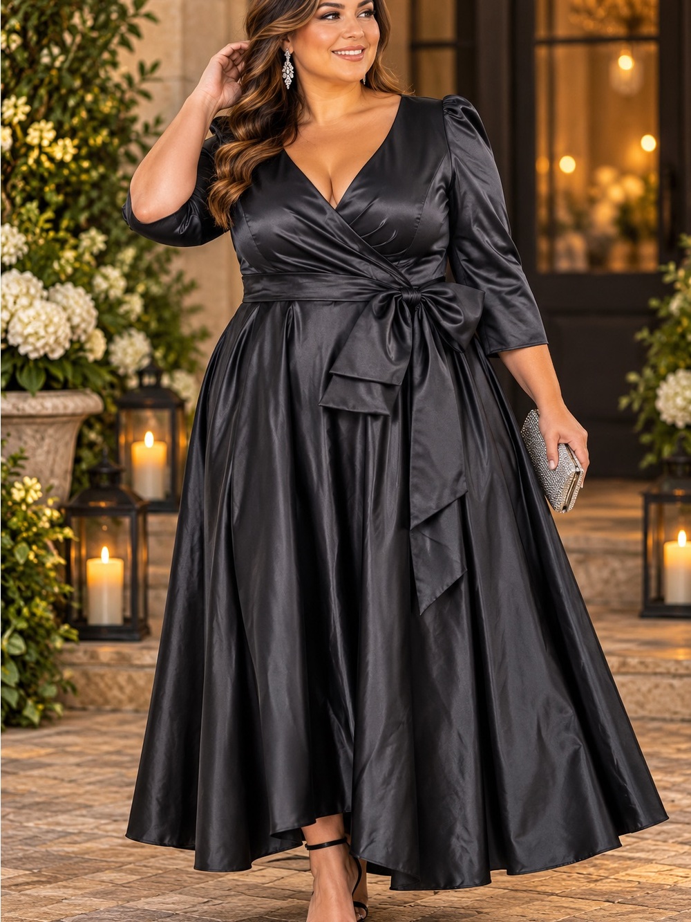Satin Wrap-Front Navy Midi Dress with Bow Tie